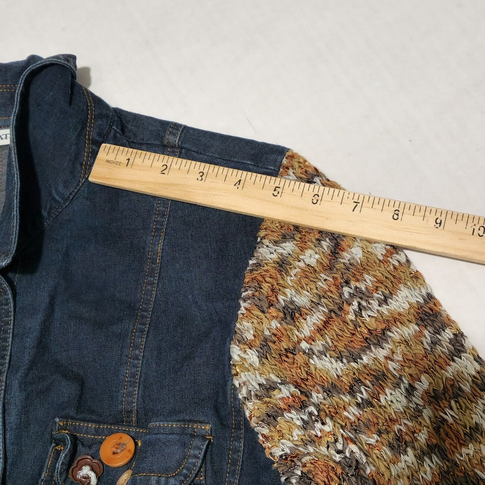 Denim Jacket Knit Long Sleeves Buttons Eclectic Bohemian Retro Thick Stitch L - Picture 9 of 12
